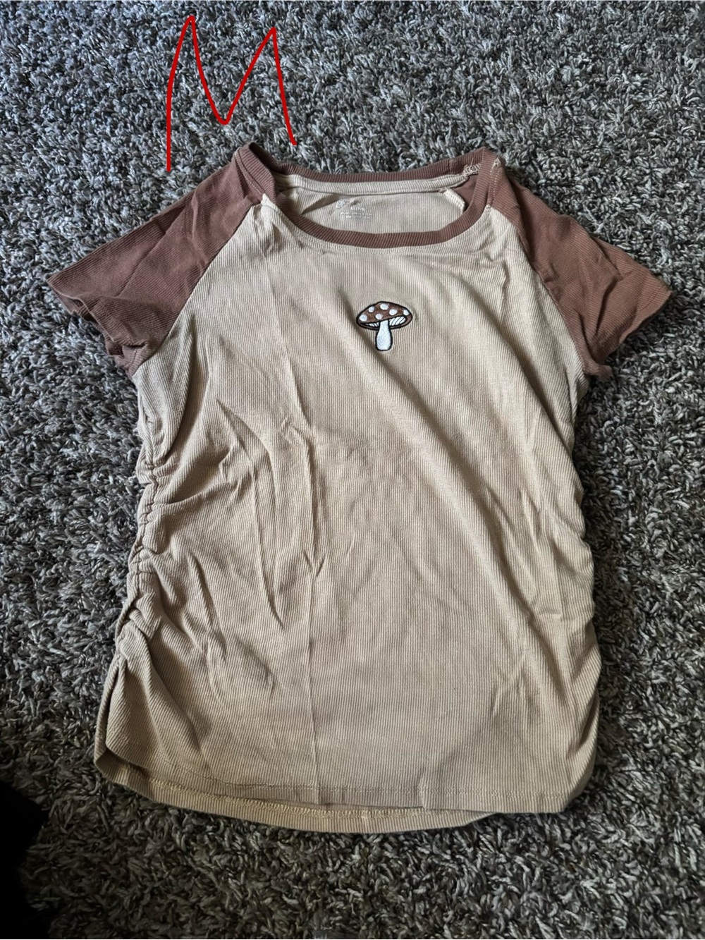 No Boundaries Beige Tee with Brown Raglan Sleeves & Mushroom Patch